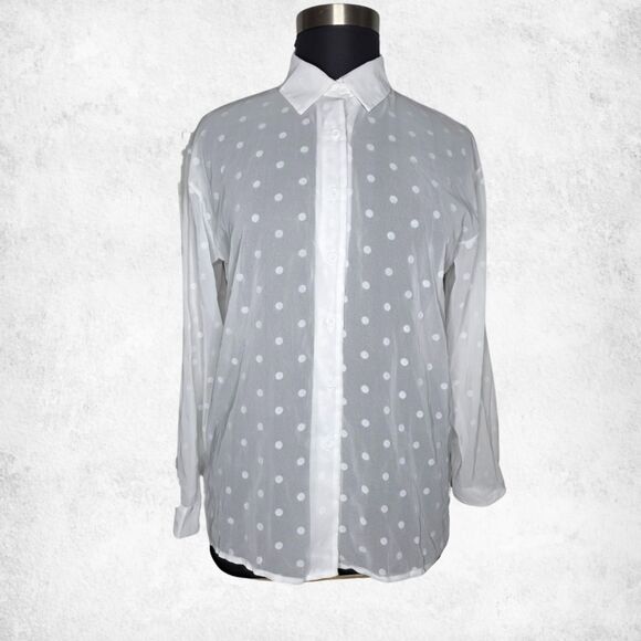 White Polka Dot Button Down Blouse 2XL – Sheer Lightweight Long Sleeve Top - Picture 1 of 7